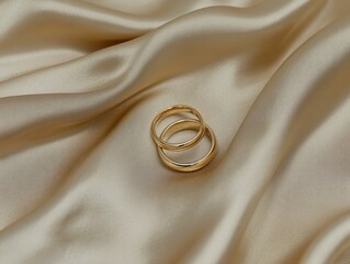 Two gold wedding rings on beige silk