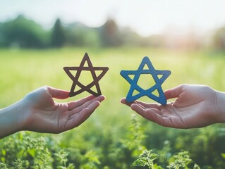 Two hands holding star shapes, one brown, one blue, outdoors