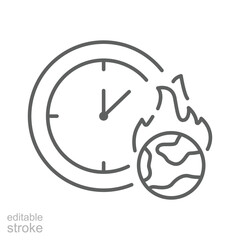 Burning Earth Clock Icon. Outline Style Editable Stroke. Thin Line Symbol of Climate Anxiety, Global Warming, Urgency, Environmental Crisis, and Climate Change Countdown Awareness.
