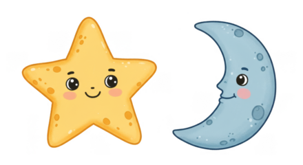 Cute Cartoon Star and Moon Faces Illustration for Dreamy Designs