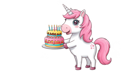Cute Cartoon Unicorn Holding Birthday Cake With Pink Mane Illustration
