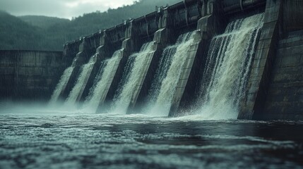 Majestic Dam Under a Rainy Sky: A Powerful Display of Nature and Engineering