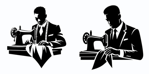 African American Business man Sewing fabric. Marketing Commerce Corporate Entrepreneurship Startup Clipart Line Art Vector Illustration. .