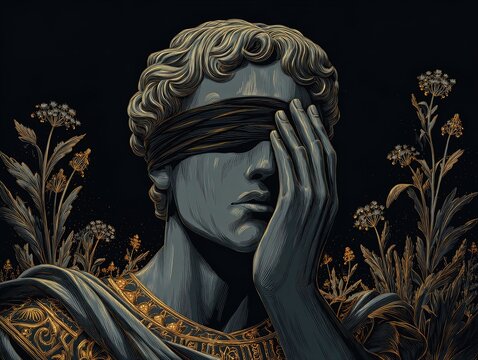 enigmatic blindfolded sculpture: a striking poster for modern spaces, featuring a charcoal gray figure with golden accents in a dark atmosphere with glowing flora