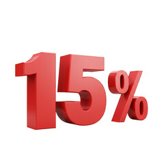 Fifteen Percent Discount Red 3d Render on Transparent Background