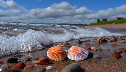 Seashells on sandy shore, waves lapping