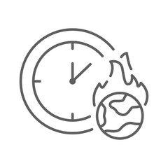 Burning Earth Clock Icon. Outline Style Editable Stroke. Thin Line Symbol of Climate Anxiety, Global Warming, Urgency, Environmental Crisis, and Climate Change Countdown Awareness.