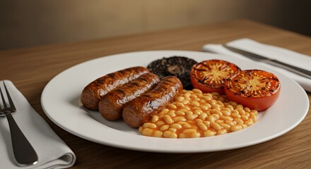 Savory Full English Breakfast: Grilled Sausages, Beans, Tomatoes, and Mushrooms