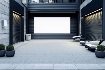 A spacious garage featuring an unfilled advertisement board.