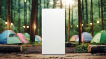 Vertical white billboard mockup in forest campsite with colorful tents and string lights, outdoor camping theme for commercial advertising use