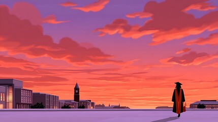 Graduating student at sunset over city