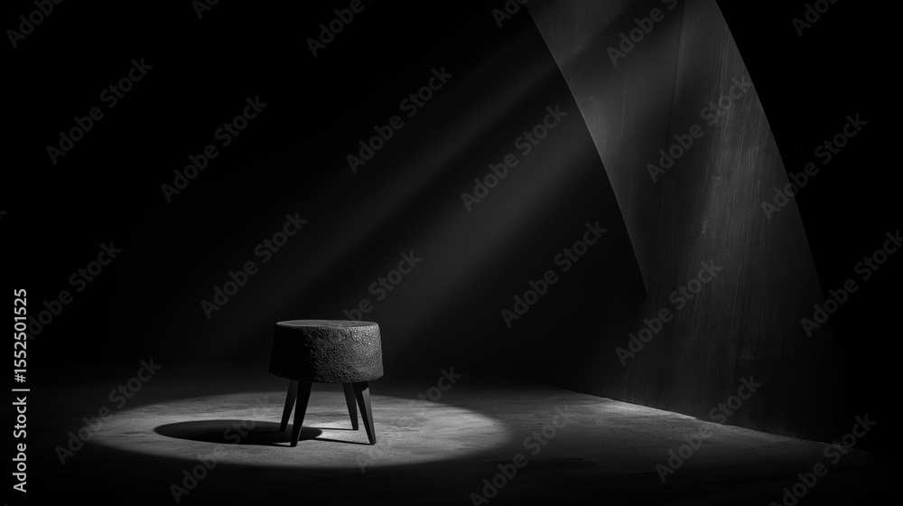 Poster solitary stool is illuminated by dramatic beam of light in dark, minimalist space, creating striking