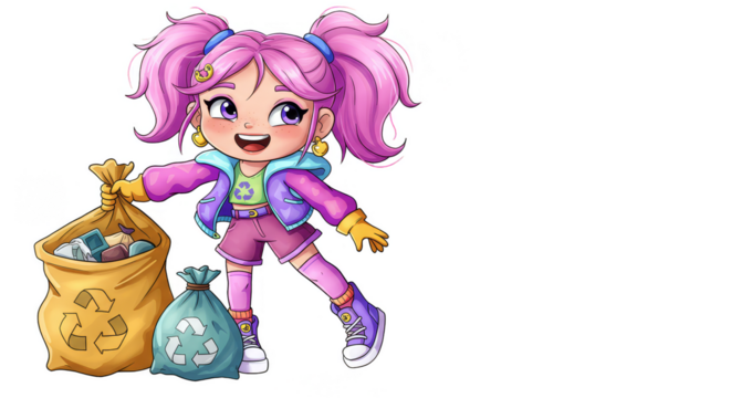 Illustration Girl Recycling Trash in Bag Cartoon Character With Waste Clean - Powered by Adobe