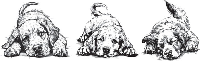 Dog Vector Illustration: Three Poses of Relaxing Puppy on White Background.