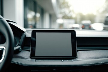 Sleek, integrated infotainment tablet display in a modern vehicle's dashboard, blank screen, dark interior