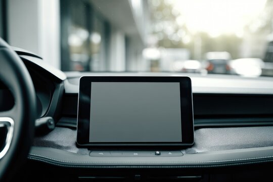 Sleek, integrated infotainment tablet display in a modern vehicle's dashboard, blank screen, dark interior