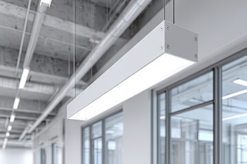 Sleek, rectangular LED pendant light fixture hangs from exposed ceiling in a modern, minimalist office space with large glass windows