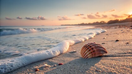 Seashell Sunrise Beach Serenity at Dawn, Ocean Waves and Coastal Beauty