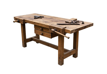 Illustration Of A Detailed Wooden Workbench Table With Tools Isolated