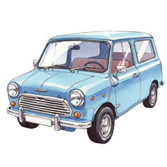 Illustration of Blue Classic Mini Car with Transparent Background