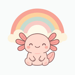 Naklejka premium Smiling Axolotl Under a Rainbow: A delightful cartoon axolotl with a joyful expression sits contentedly beneath a pastel-colored rainbow, radiating cheer and cuteness