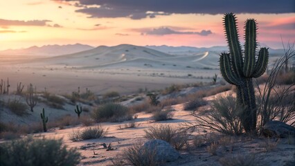 Desert Sunset Majestic Cactus Landscape at Dusk