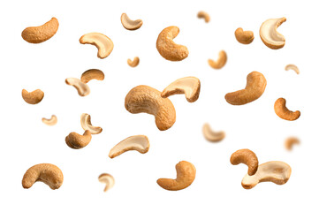 cashew nuts falling isolated on white background.