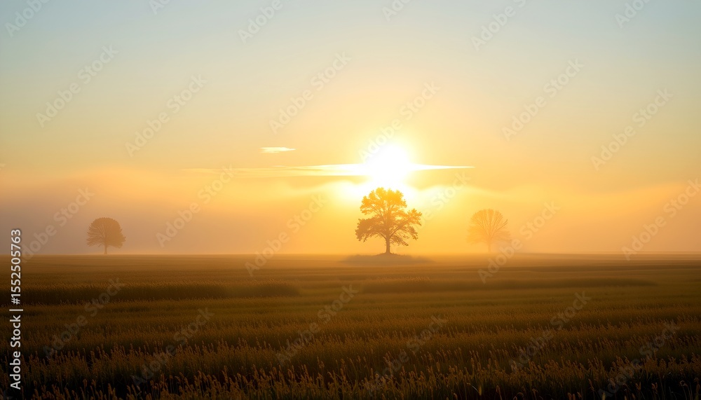 Poster sunrise with tree in the middle. sun is rising above the horizon, casting a golden light over the fi