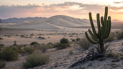 Desert Sunset  Cactus Silhouette Against Dramatic Sand Dunes