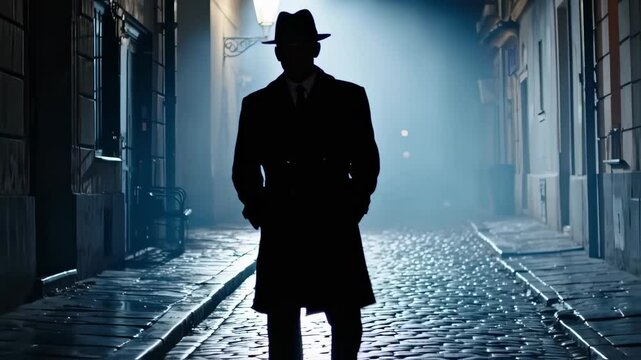 Mysterious figure walks alone down a dimly lit street
