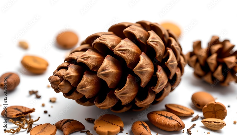 Poster a close-up shot of a pine cone and seeds, highlighting the intricate details and natural textures. a