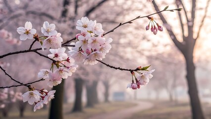 Serene Cherry Blossom Branches in Soft Morning Mist A Peaceful Springtime Scene