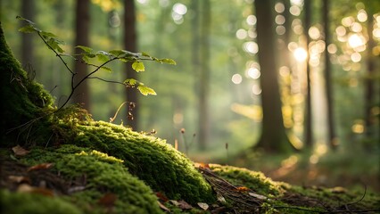 Sunlit Forest Mossy Ground, Young Sprout, and Golden Sunlight Filtering Through Trees