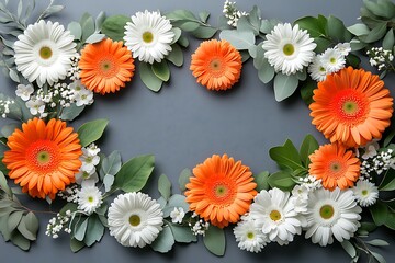 Fototapeta premium Orange and white gerbera daisies and eucalyptus leaves form an elegant floral border