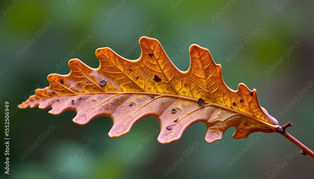Poster a close-up photograph of a delicate oak leaf, capturing its intricate details and textures