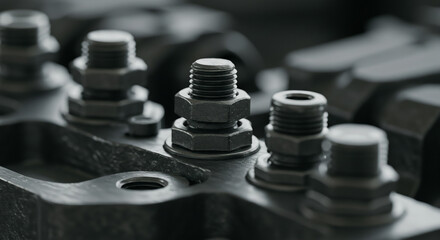 "Macro image of metal bolts and nuts, representing industrial hardware and engineering detail."

