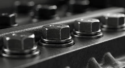 "Macro image of metal bolts and nuts, representing industrial hardware and engineering detail."

