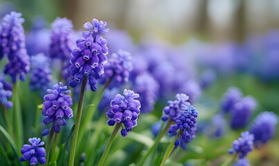 Obraz premium A field of purple muscari flowers, a close-up shot showcasing the vibrant blue and green hues of these spring blossoms. Generative AI