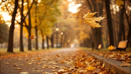 Golden Autumn Falling Leaves and Serene Park Path