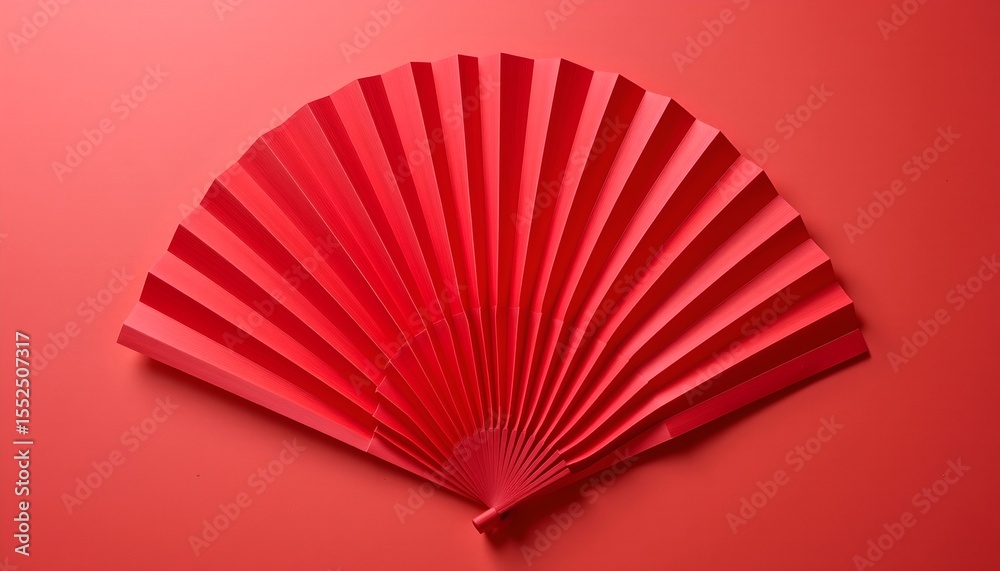 Poster a close-up shot of a vibrant, folded paper fan, radiating outwards against a matching crimson backgr