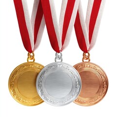 Three medals?gold, silver, bronze?hang from red-and-white striped ribbons against a white background.  Each medal features an ornate border