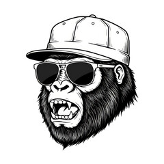 Fototapeta premium Illustration Of Gorilla Head Wearing Cap And Sunglasses In Black And White