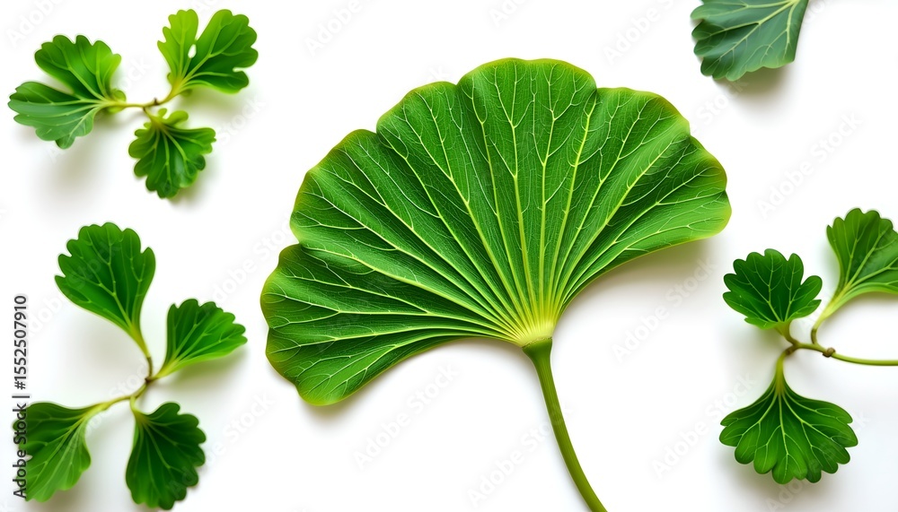 Poster a collection of vibrant green leaves showcasing intricate textures and patterns. they are elegantly 
