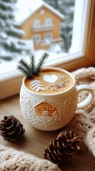 Cup of coffee with pine cone on table near the window. Winter background.