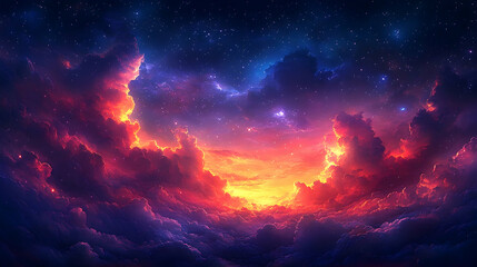 Fototapeta premium Fiery cosmic cloudscape vibrant red and blue nebula background