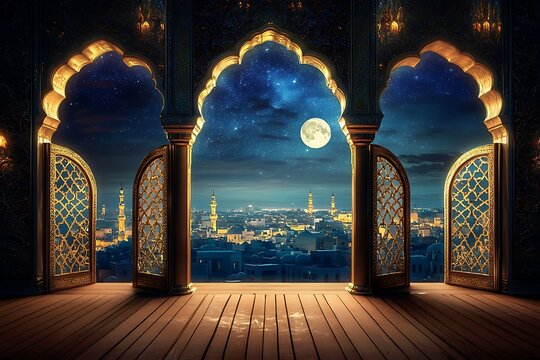 Ornate Archway Framing a Cityscape Under a Starry Moonlit Sky, Golden Lattice Doors Open