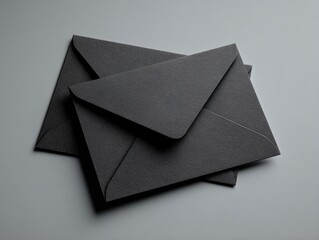Two dark gray envelopes, slightly overlapping, rest on a light gray surface, casting subtle shadows.  The envelopes have a textured, matte finish