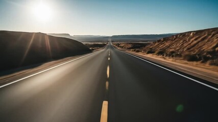 Empty desert highway road trip at sunset