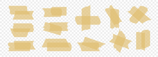 Beige adhesive tapes collection. Torn duct tape pieces set. strip. Plastic scotch stripes with torn jagged edges. Sticky masking paper for package wrap, blank tag, label, sticker, decoration. Vector