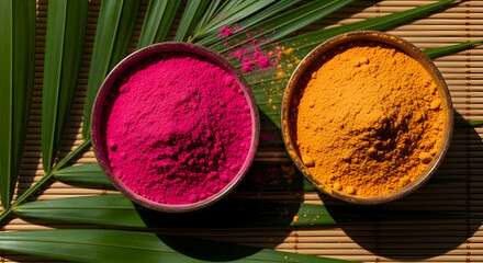 Colorful Holi Powders in Bowls with Palm Leaf on Woven Mat